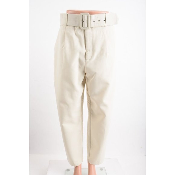Zara High Waisted Belted Ankle Pants Trousers L Ivory Ecru 1478/430 - Picture 1 of 6